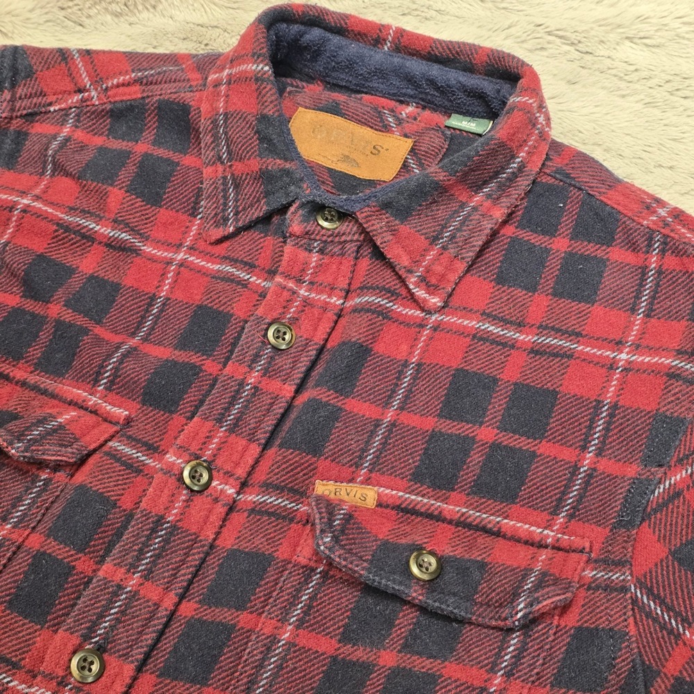 Orvis Mens Red Black Plaid Flannel Button Down Shirt Medium 1312517